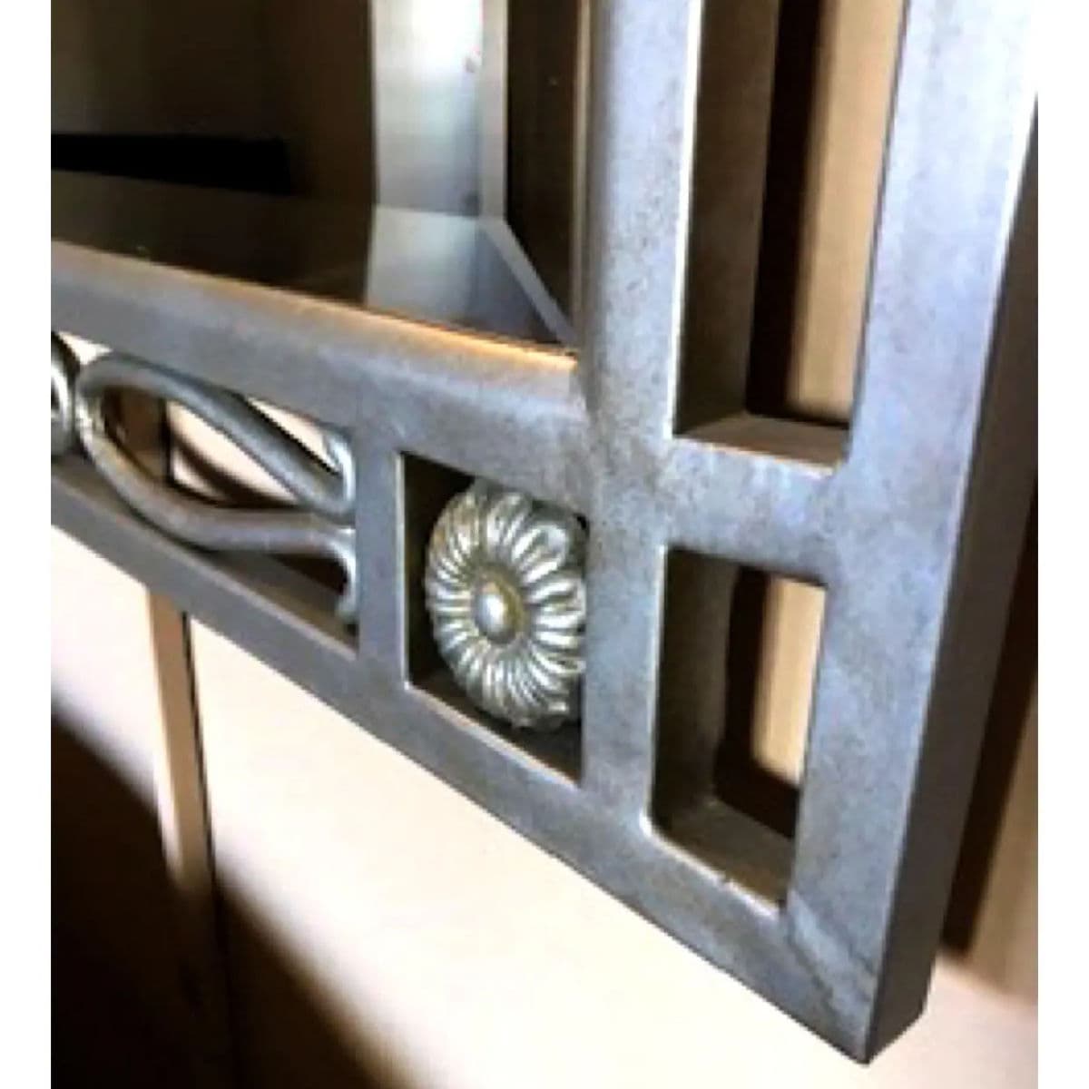 1990s Silver Gray Wrought Iron Framed Wall Mirror With Attached Flanking Sconces - Thumbnail 9