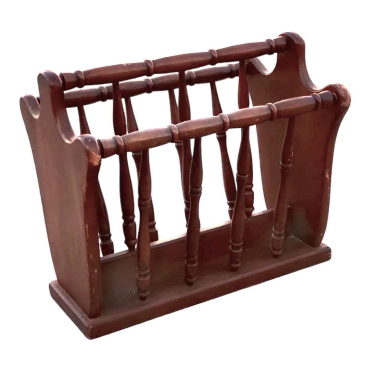 Vintage Turned Wood Colonial Style Espresso Stained Magazine Rack With Center Handle - Thumbnail 3