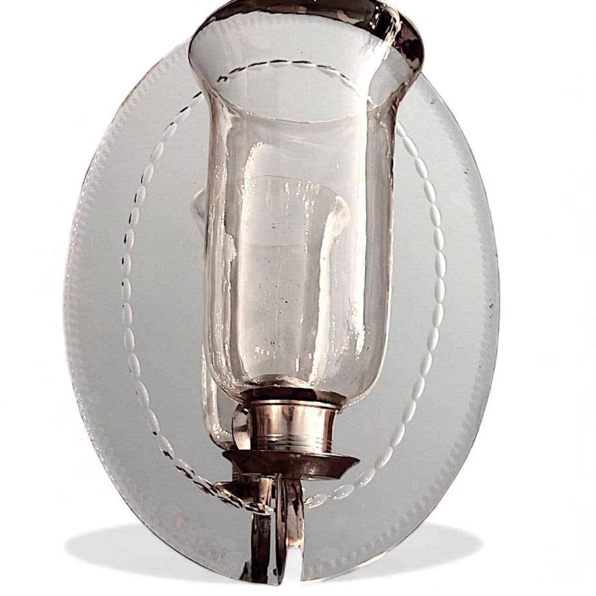 190 Hurricane Lamp Style Candle Sconce Attached to Etched Antique Oval Wall Mirror - Thumbnail 5