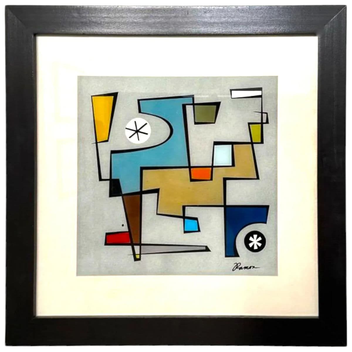 Modernist Abstract Print With Verre Églomisé by Ramon – Framed Geometric Composition - Thumbnail 4