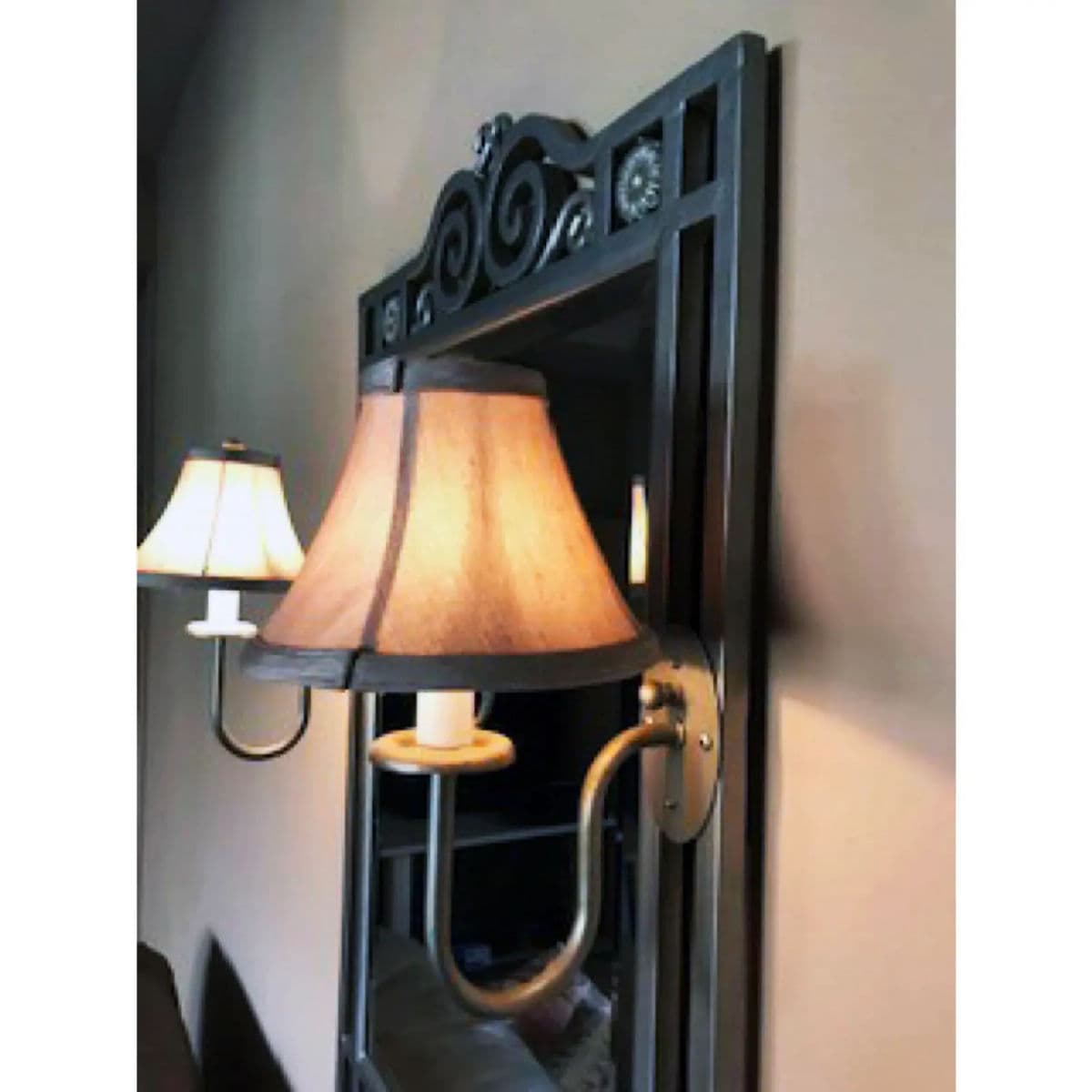 1990s Silver Gray Wrought Iron Framed Wall Mirror With Attached Flanking Sconces - Thumbnail 4