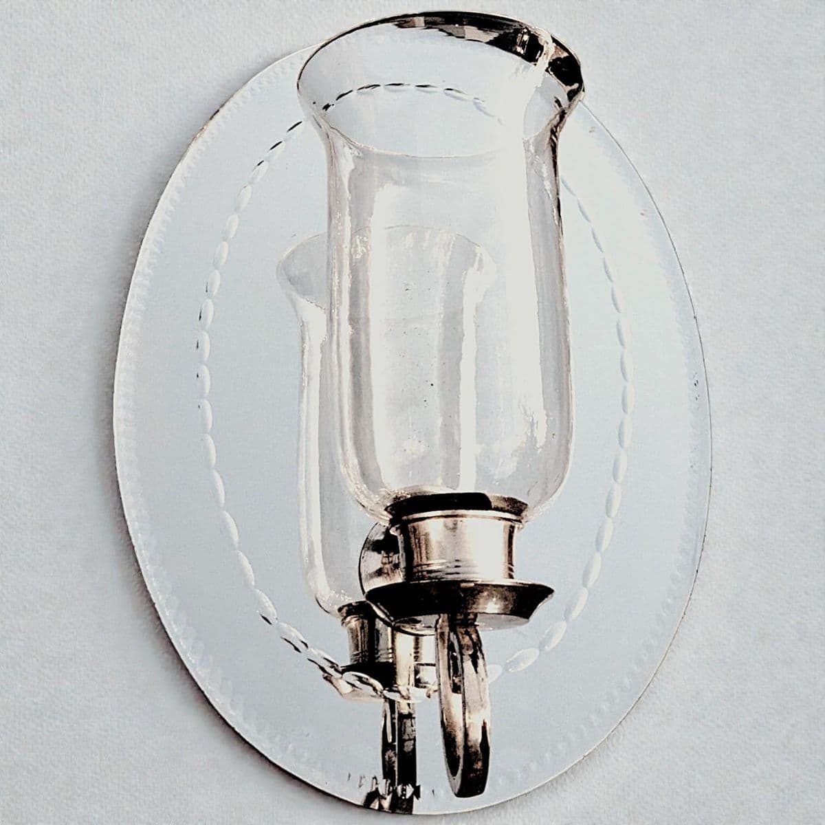 190 Hurricane Lamp Style Candle Sconce Attached to Etched Antique Oval Wall Mirror - Thumbnail 7