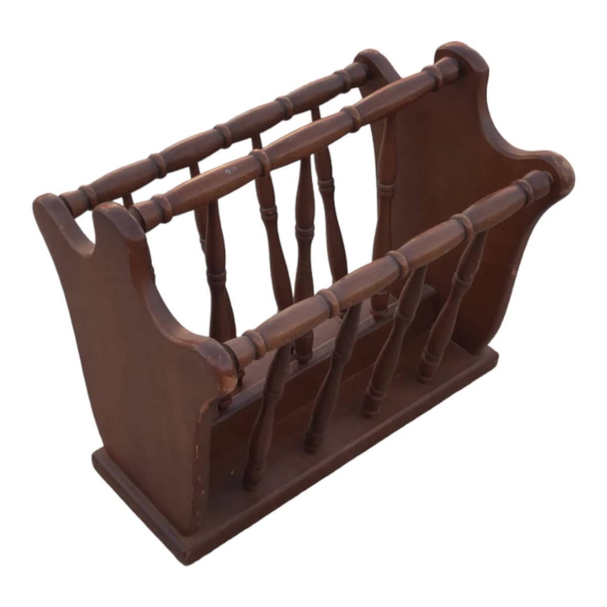 Vintage Turned Wood Colonial Style Espresso Stained Magazine Rack With Center Handle - Thumbnail 10