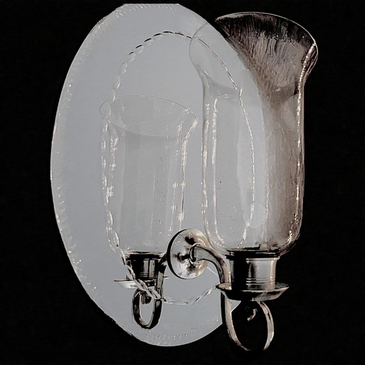 190 Hurricane Lamp Style Candle Sconce Attached to Etched Antique Oval Wall Mirror - Thumbnail 12