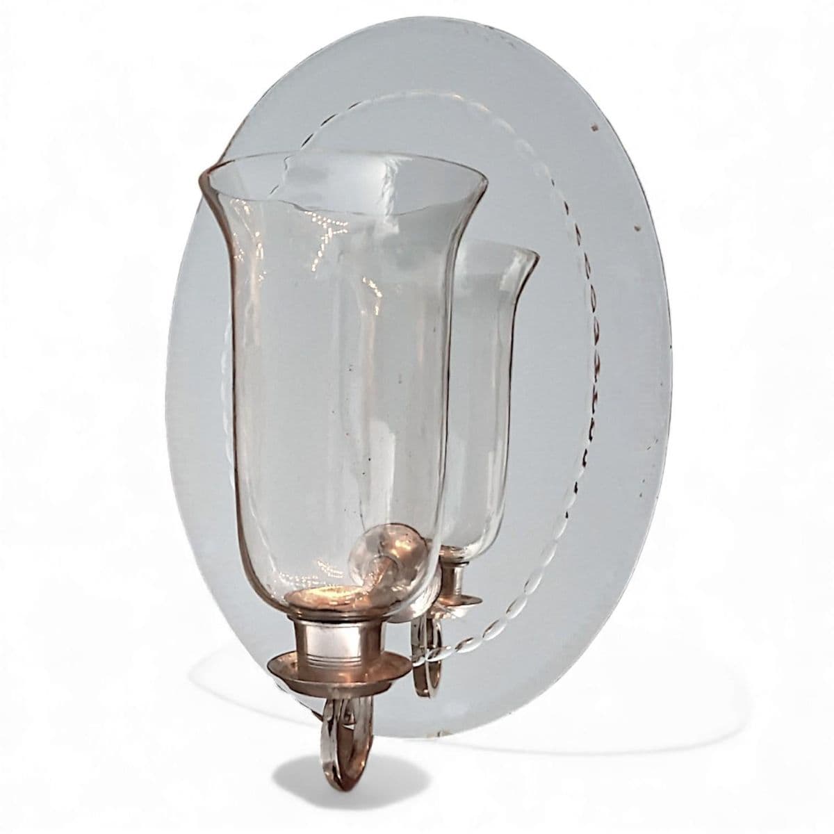 190 Hurricane Lamp Style Candle Sconce Attached to Etched Antique Oval Wall Mirror - Thumbnail 6
