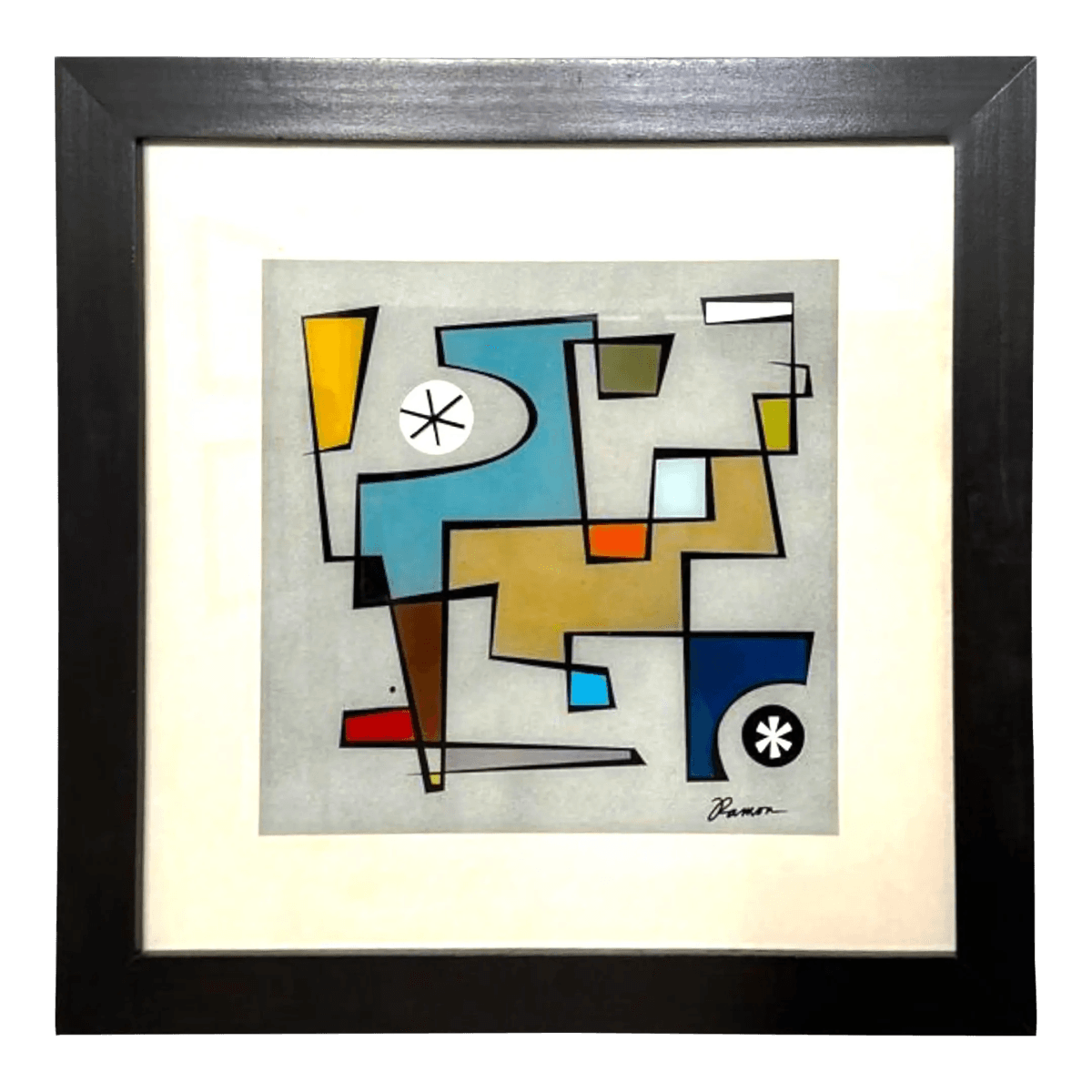 Modernist Abstract Print With Verre Églomisé by Ramon – Framed Geometric Composition - Thumbnail 2