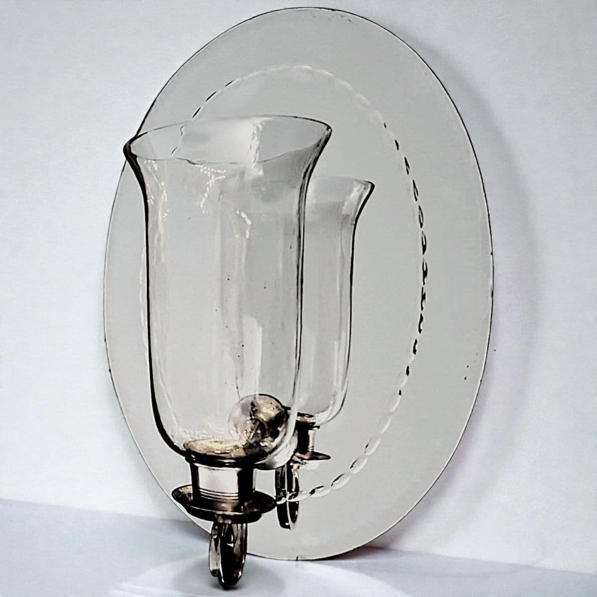 190 Hurricane Lamp Style Candle Sconce Attached to Etched Antique Oval Wall Mirror - Thumbnail 10