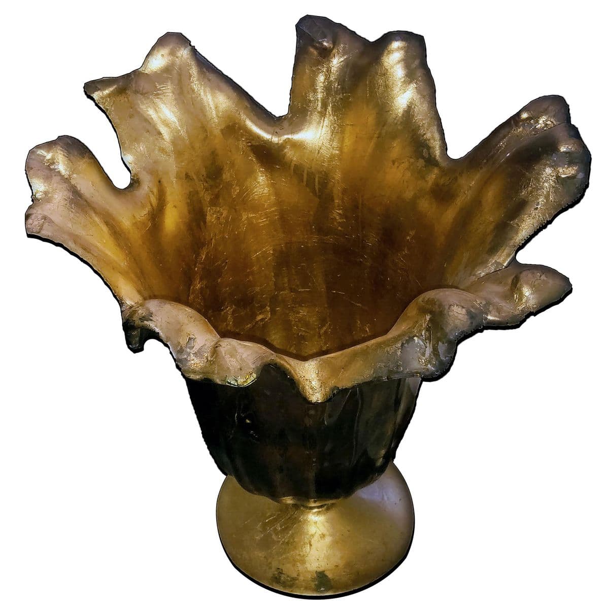 Vintage 16.5" Murano Lavorazione Art Glass Parcel Gilt Wrapped Pedestal Shell Vase - Thumbnail 5