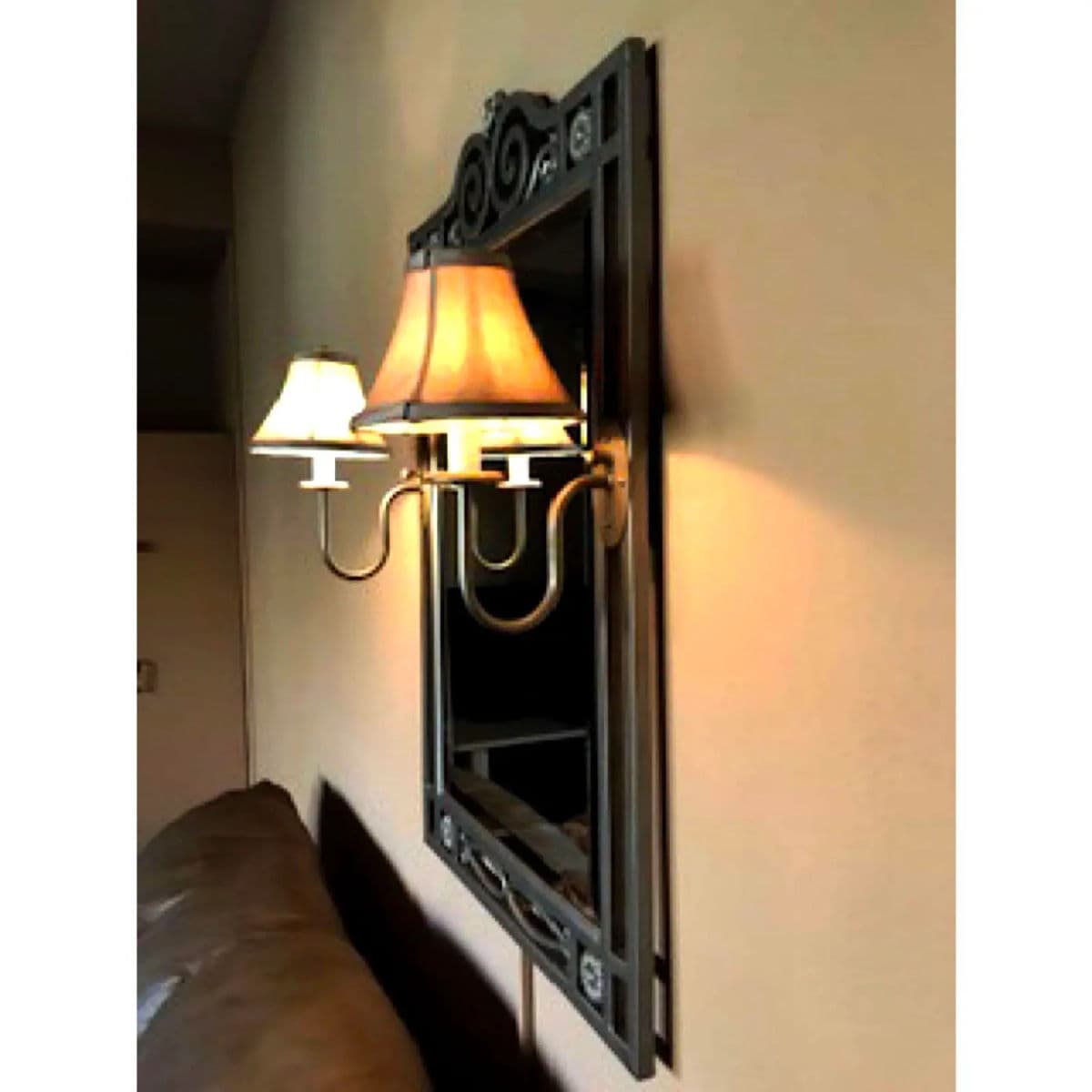 1990s Silver Gray Wrought Iron Framed Wall Mirror With Attached Flanking Sconces - Thumbnail 7