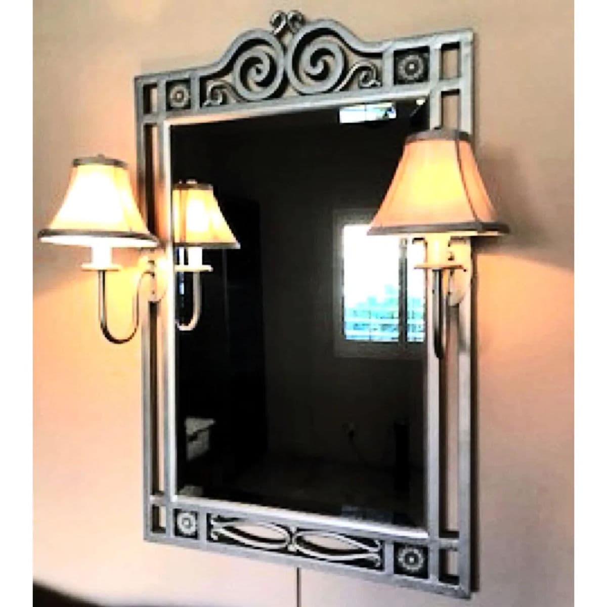 1990s Silver Gray Wrought Iron Framed Wall Mirror With Attached Flanking Sconces - Thumbnail 6