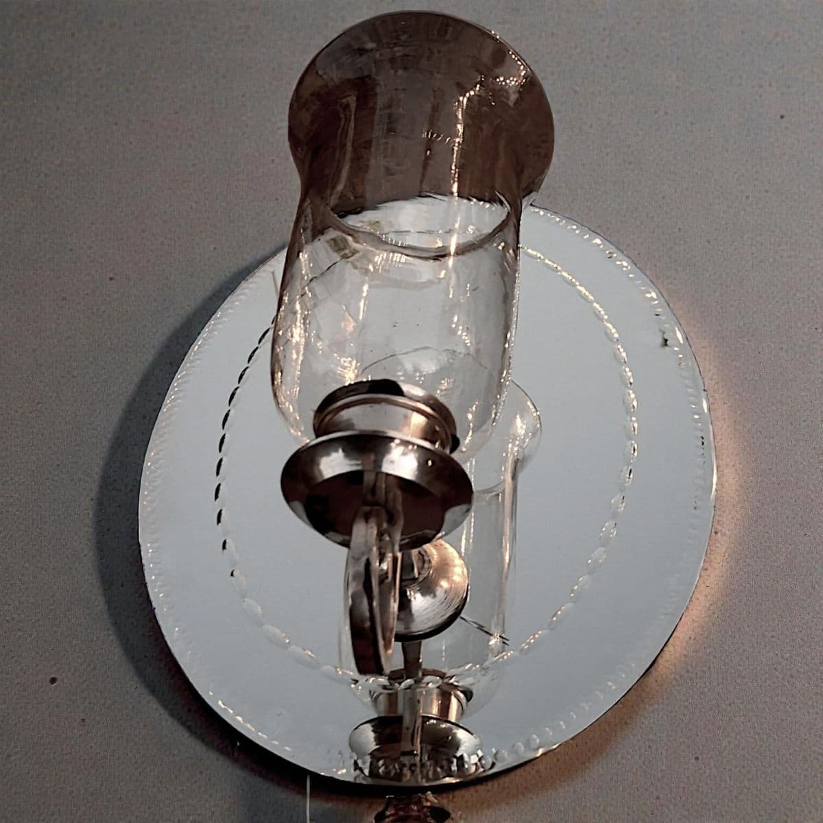 190 Hurricane Lamp Style Candle Sconce Attached to Etched Antique Oval Wall Mirror - Thumbnail 4