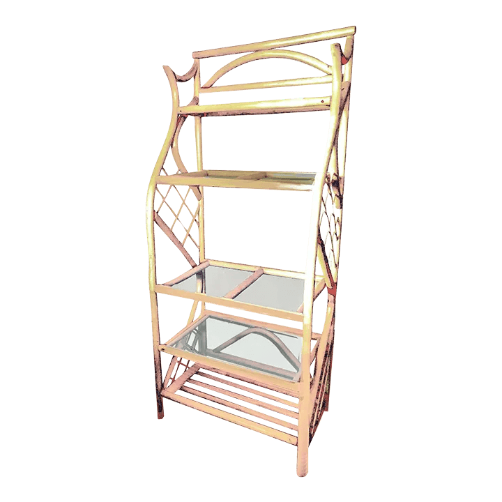 1970's Pagoda Style Natural Toned Bent Wood Rattan Étagère - Thumbnail 2