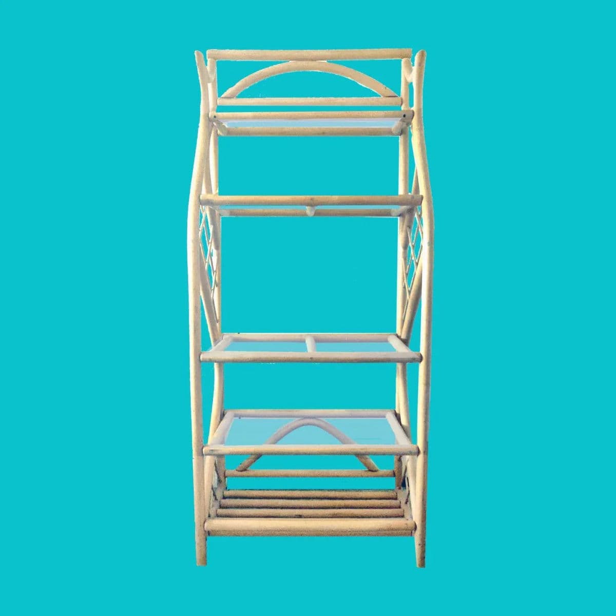 1970's Pagoda Style Natural Toned Bent Wood Rattan Étagère - Thumbnail 7