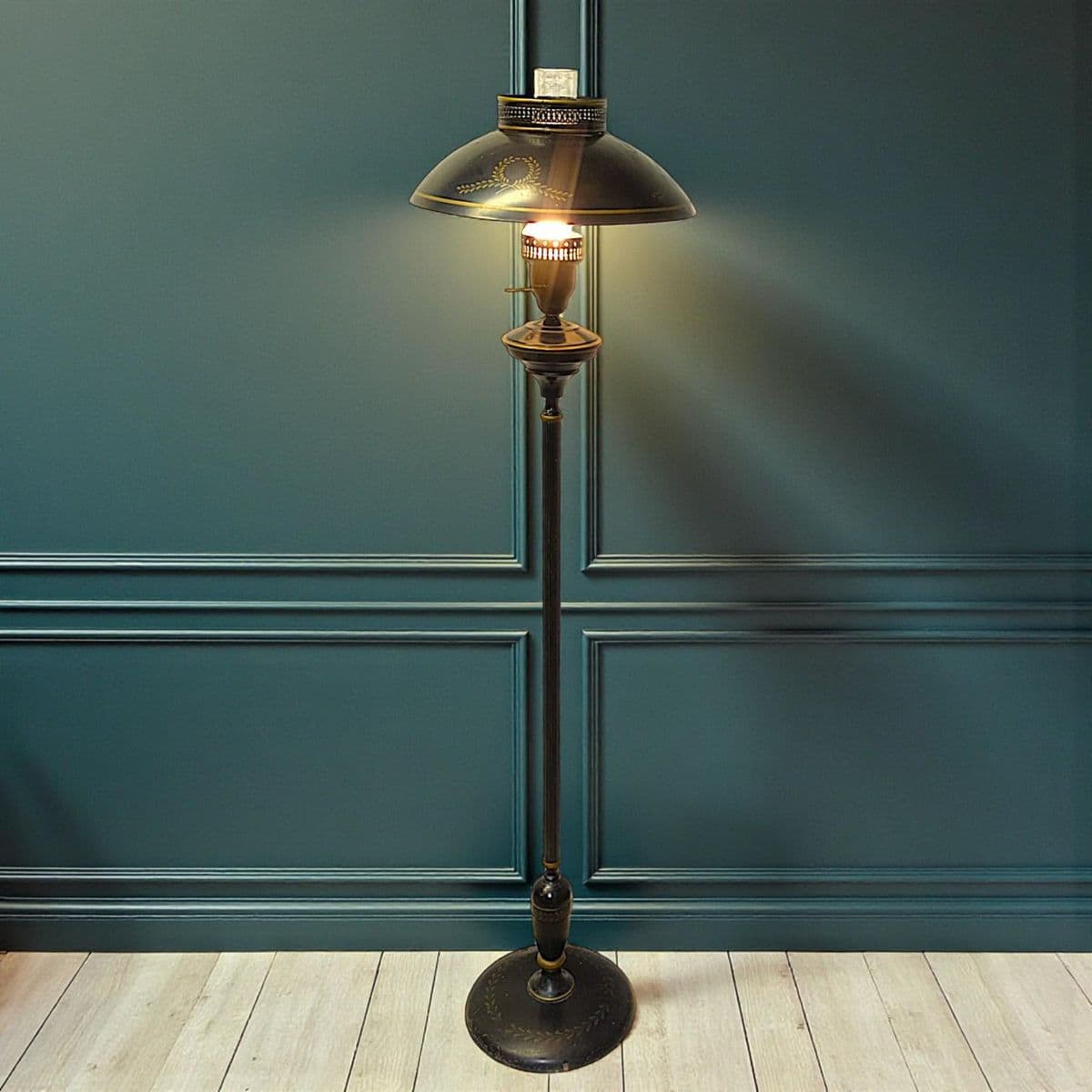 Vintage French Empire Hurricane Lamp Style Black Floor Lamp With Toleware Shade - Thumbnail 3