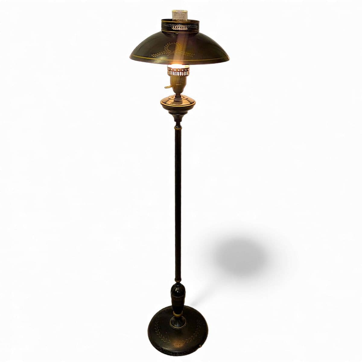 Vintage French Empire Hurricane Lamp Style Black Floor Lamp With Toleware Shade - Thumbnail 4