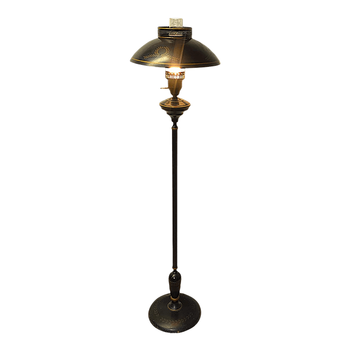 Vintage French Empire Hurricane Lamp Style Black Floor Lamp With Toleware Shade - Thumbnail 2