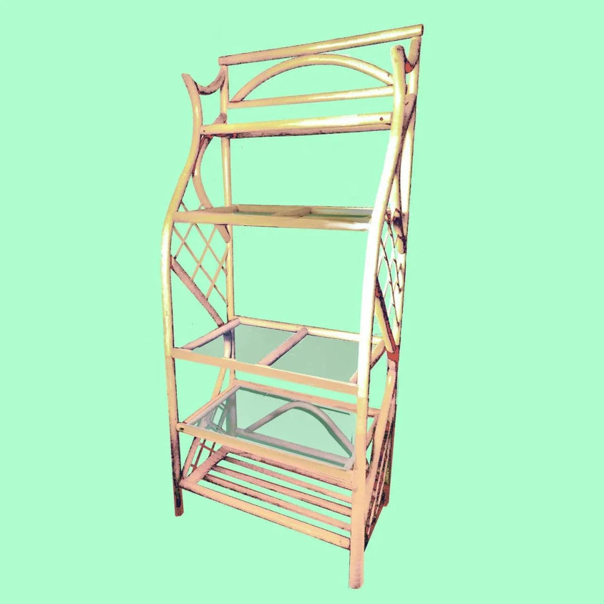 1970's Pagoda Style Natural Toned Bent Wood Rattan Étagère - Thumbnail 6