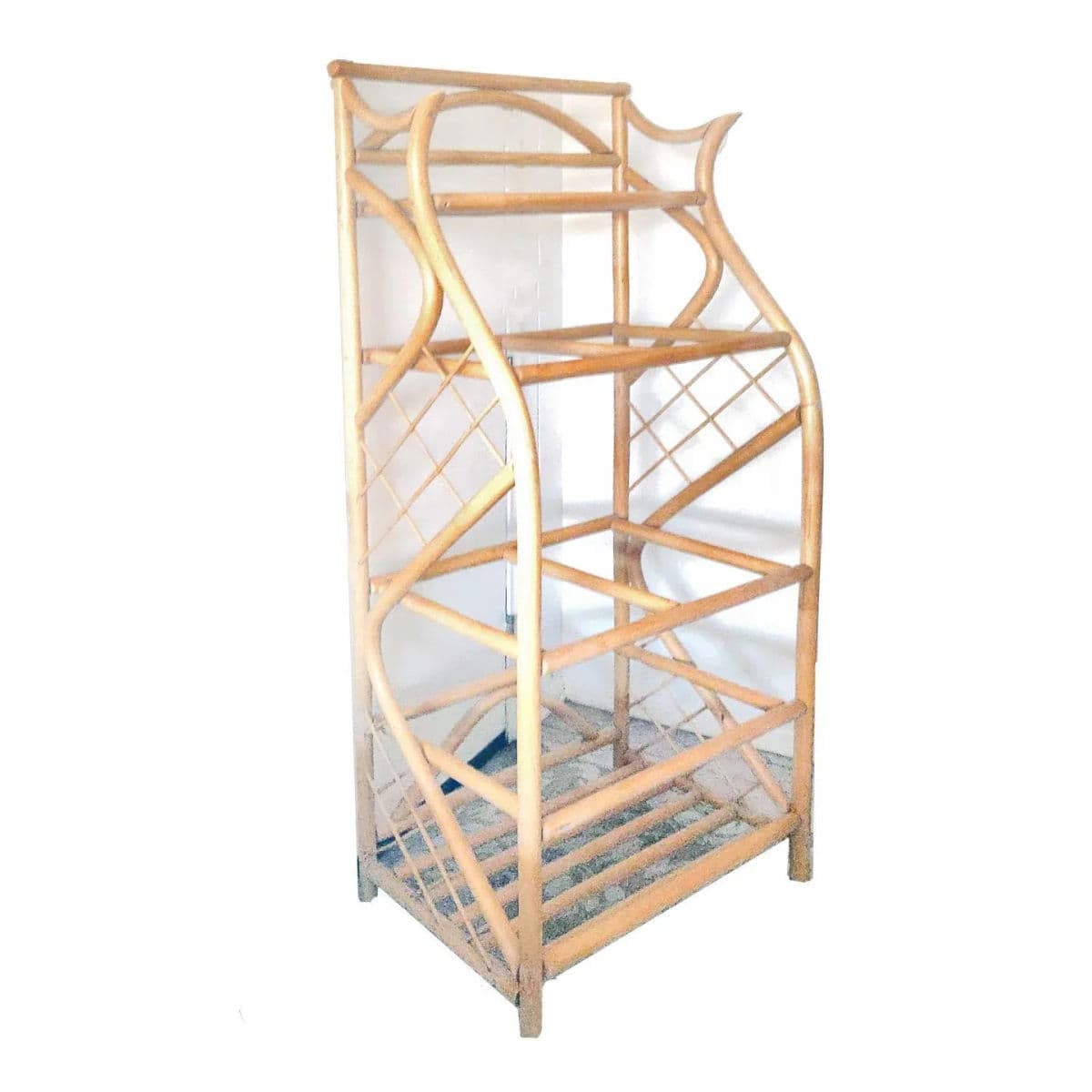 1970's Pagoda Style Natural Toned Bent Wood Rattan Étagère - Thumbnail 4