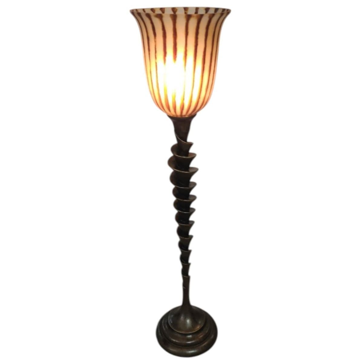 Spiral Cut Bronze Toned Torchiere Buffet Lamps With Tiger Striped Amber Glass Shades - A Pair - Thumbnail 10