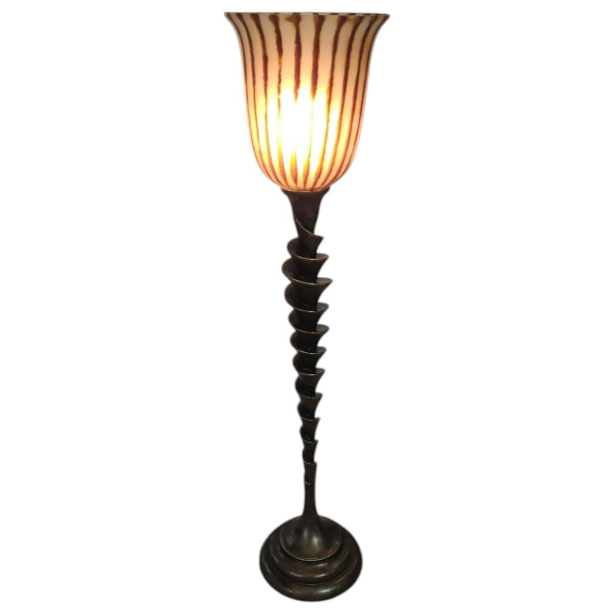 Spiral Cut Bronze Toned Torchiere Buffet Lamps With Tiger Striped Amber Glass Shades - A Pair - Thumbnail 8