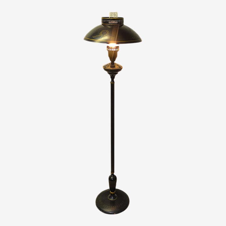 Vintage French Empire Hurricane Lamp Style Black Floor Lamp With Toleware Shade - Image 1