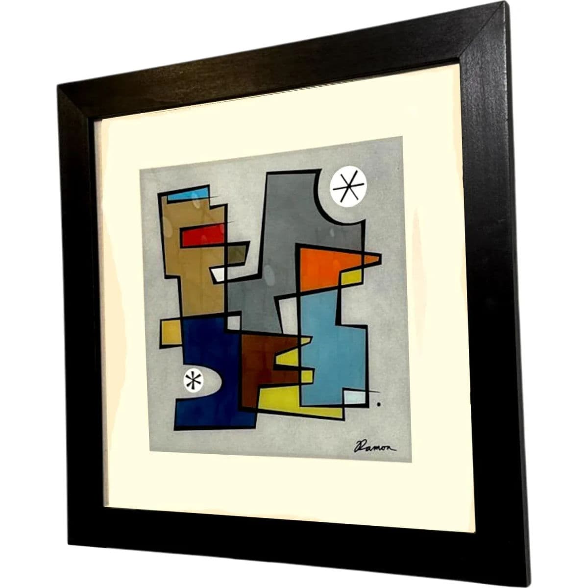Abstract Modernist Print With Verre Églomisé by Ramon – Framed Geometric Composition - Thumbnail 3
