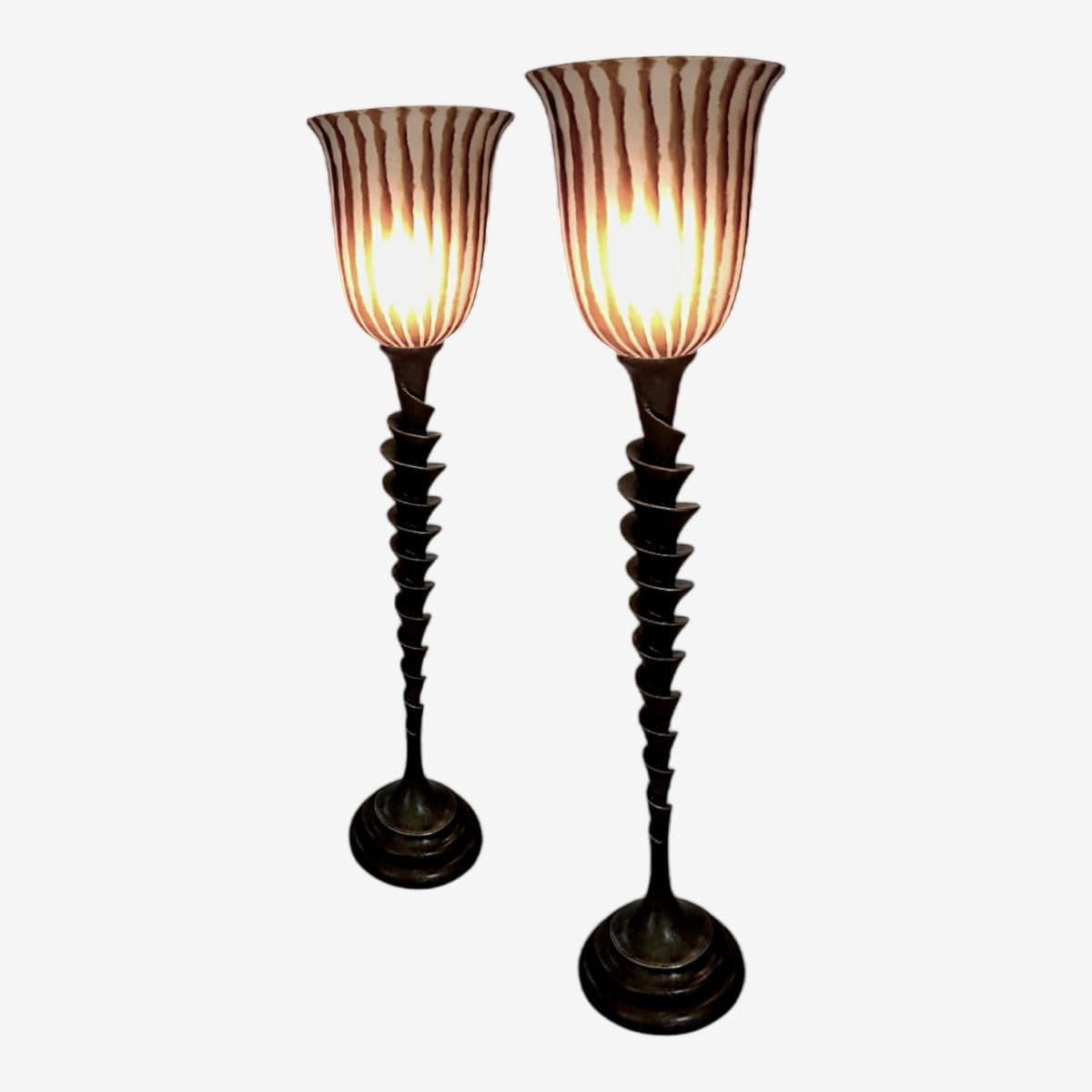 Spiral Cut Bronze Toned Torchiere Buffet Lamps With Tiger Striped Amber Glass Shades - A Pair - Image 1