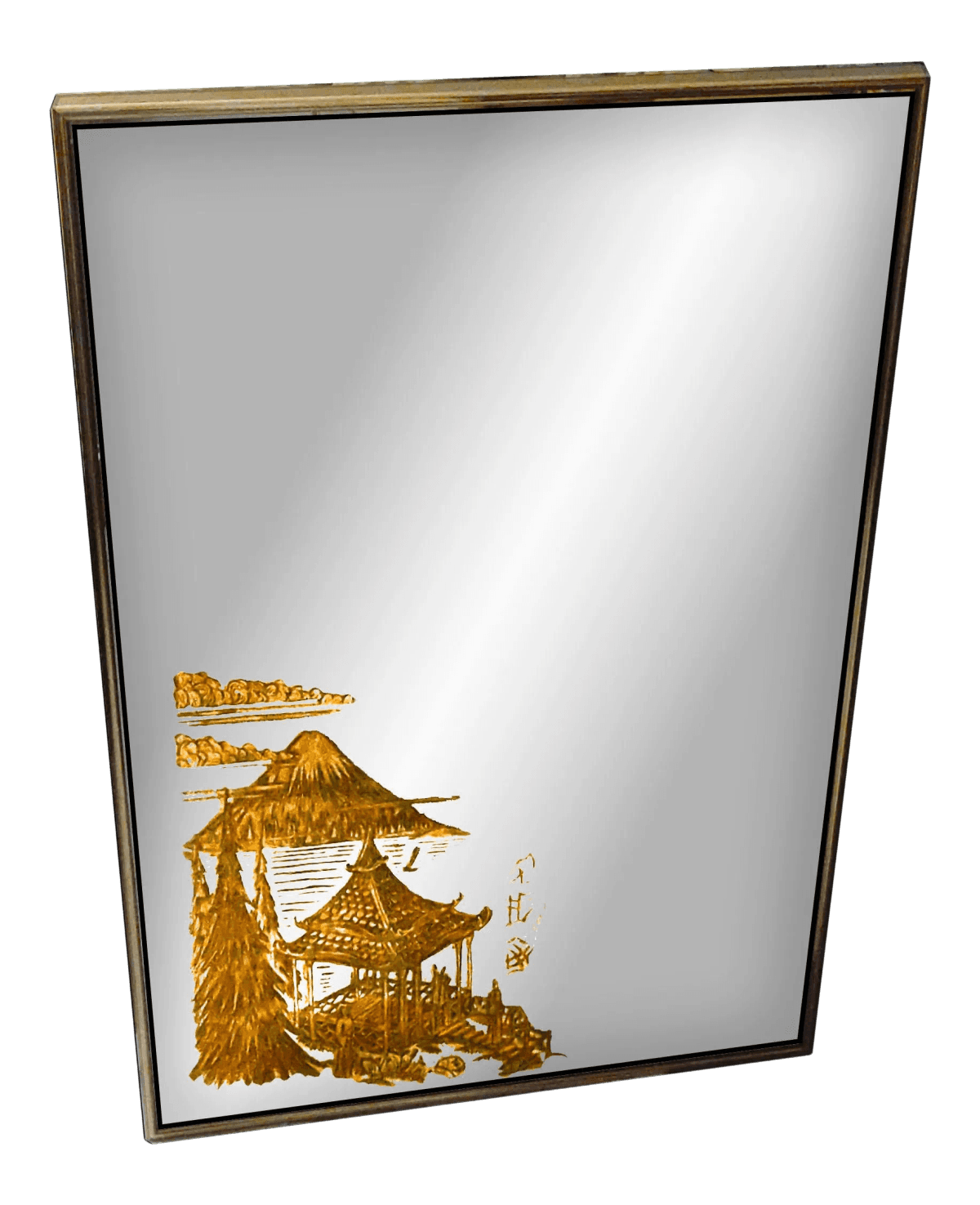 Hollywood Regency Wall Mirror Accented With Gold Carved Eglomise Japanese Pagoda Scene - Thumbnail 2
