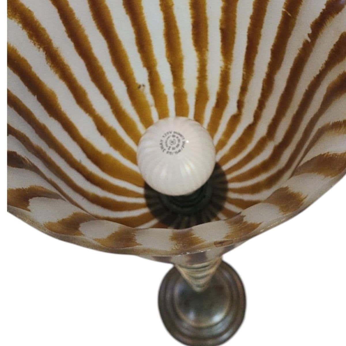 Spiral Cut Bronze Toned Torchiere Buffet Lamps With Tiger Striped Amber Glass Shades - A Pair - Thumbnail 14