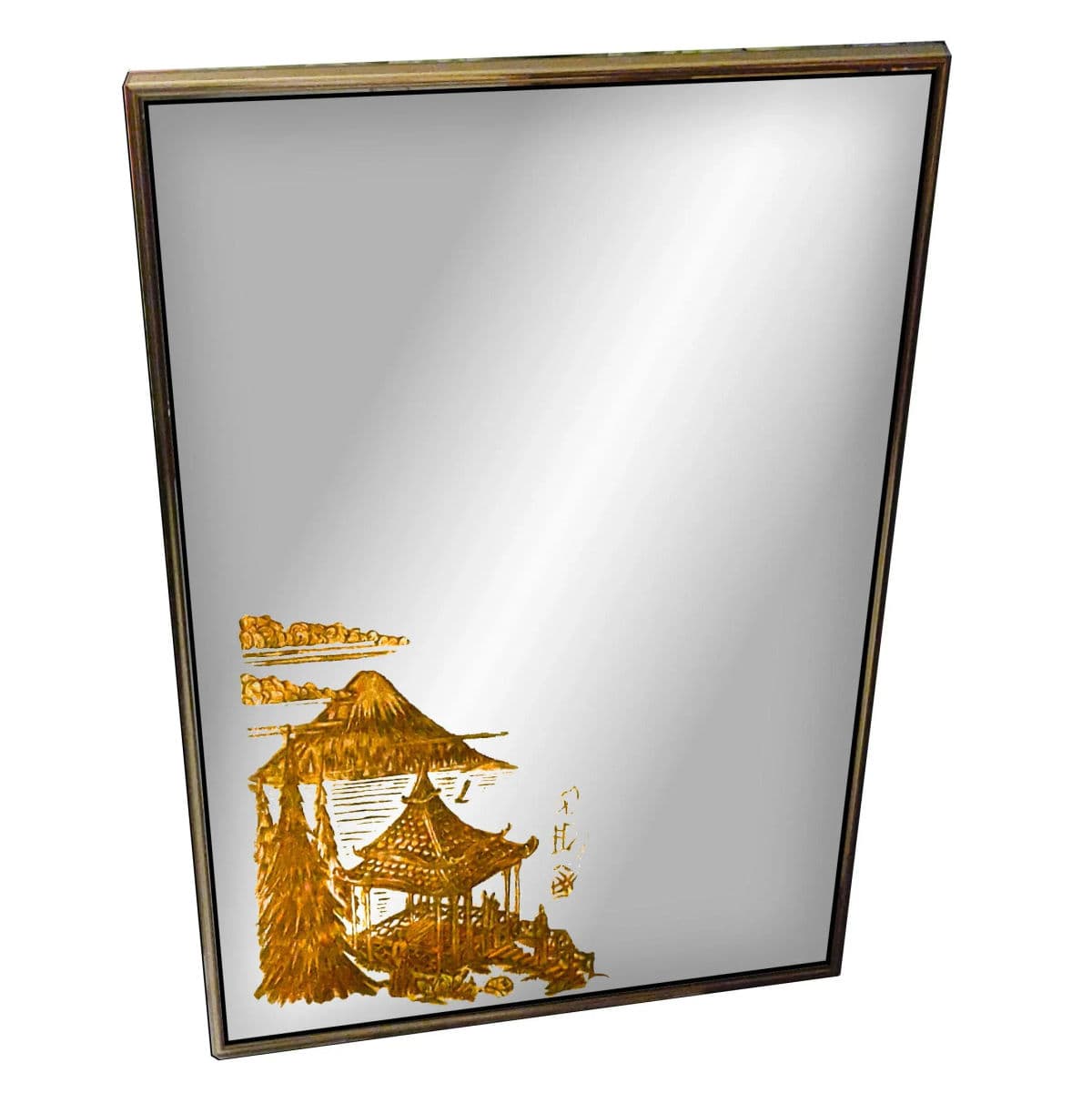Hollywood Regency Wall Mirror Accented With Gold Carved Eglomise Japanese Pagoda Scene - Thumbnail 4