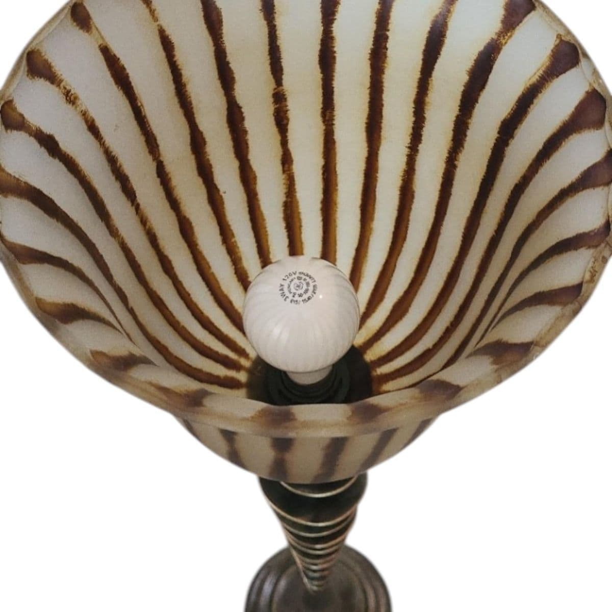 Spiral Cut Bronze Toned Torchiere Buffet Lamps With Tiger Striped Amber Glass Shades - A Pair - Thumbnail 13