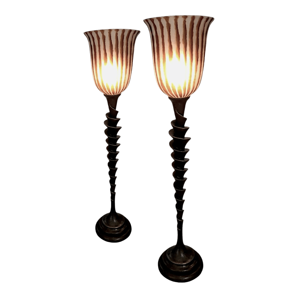 Spiral Cut Bronze Toned Torchiere Buffet Lamps With Tiger Striped Amber Glass Shades - A Pair - Thumbnail 2