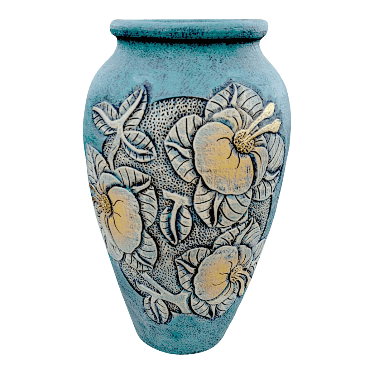 1980's Incised Turquoise Yellow Botanical Themed Hand-Thrown Studio Pottery Planter Vessel - Thumbnail 2