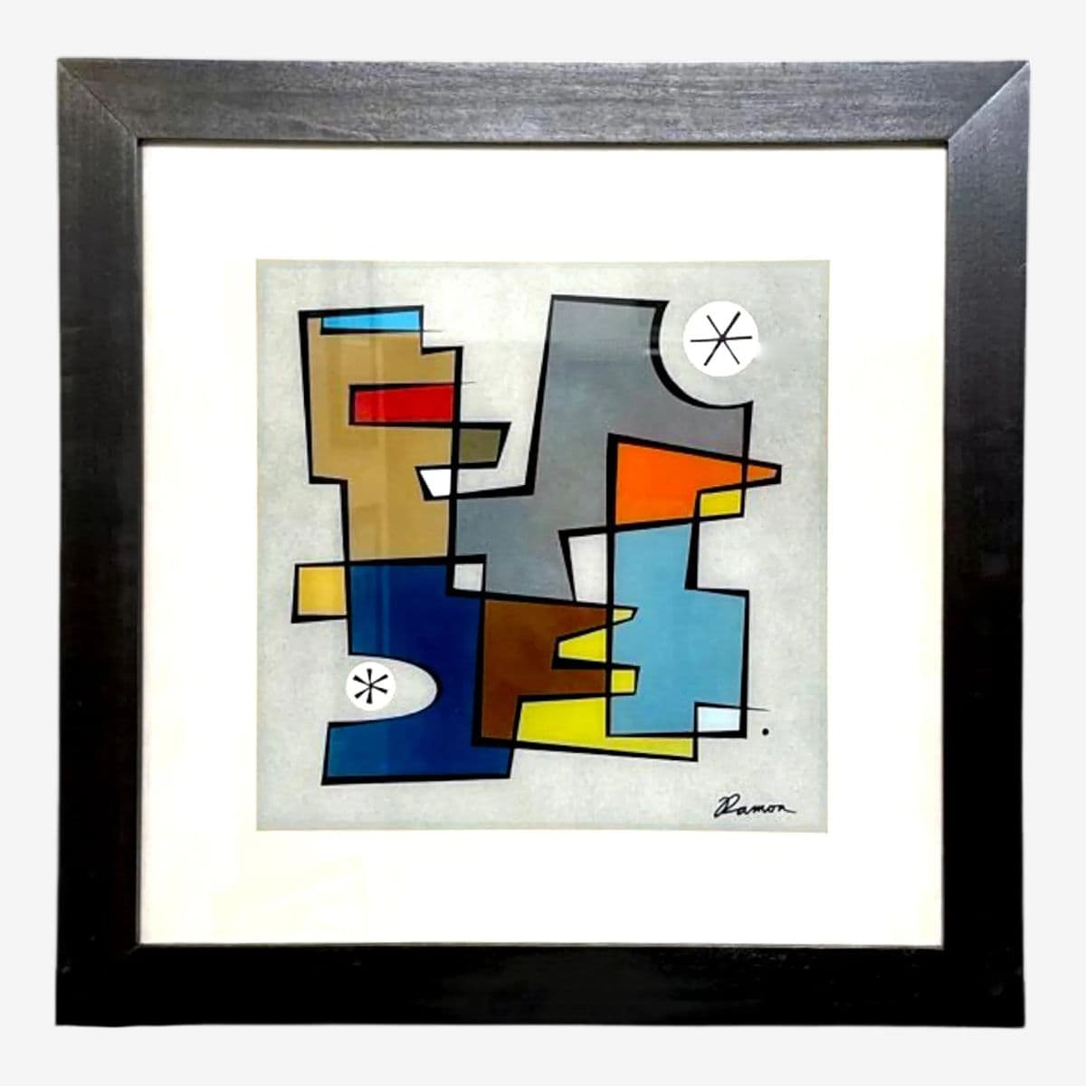 Abstract Modernist Print With Verre Églomisé by Ramon – Framed Geometric Composition - Image 1