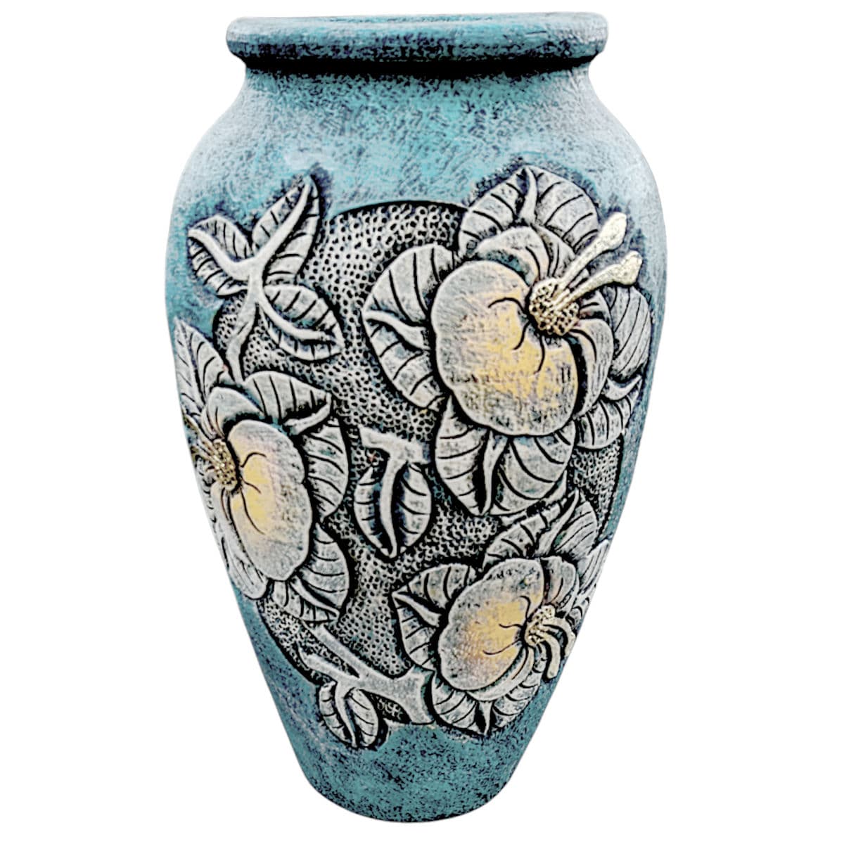 1980's Incised Turquoise Yellow Botanical Themed Hand-Thrown Studio Pottery Planter Vessel - Thumbnail 4