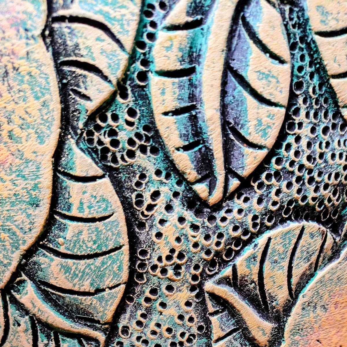 1980's Incised Turquoise Yellow Botanical Themed Hand-Thrown Studio Pottery Planter Vessel - Thumbnail 8