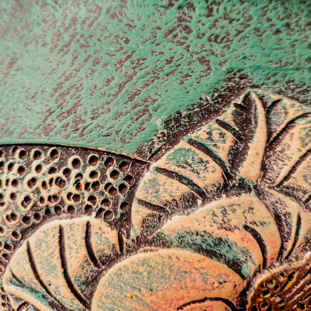 1980's Incised Turquoise Yellow Botanical Themed Hand-Thrown Studio Pottery Planter Vessel - Thumbnail 10