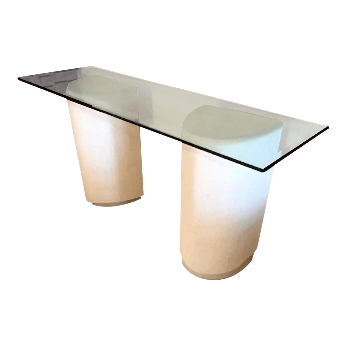 1980s Modernist Off-White Demi-Lune Plaster Double Pedestal Console Table With Glass Top - Thumbnail 2