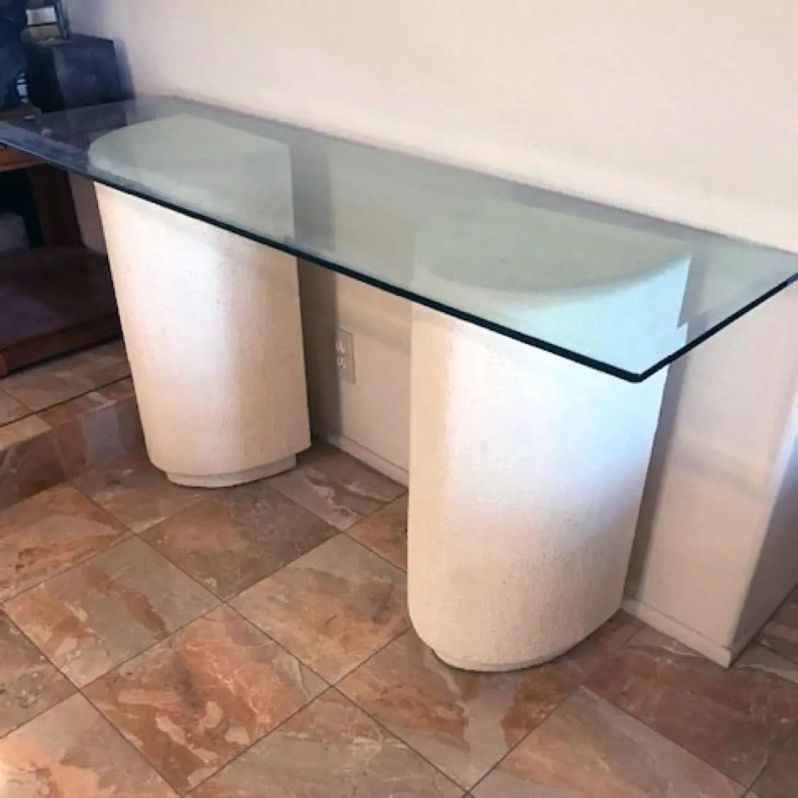 1980s Modernist Off-White Demi-Lune Plaster Double Pedestal Console Table With Glass Top - Thumbnail 7