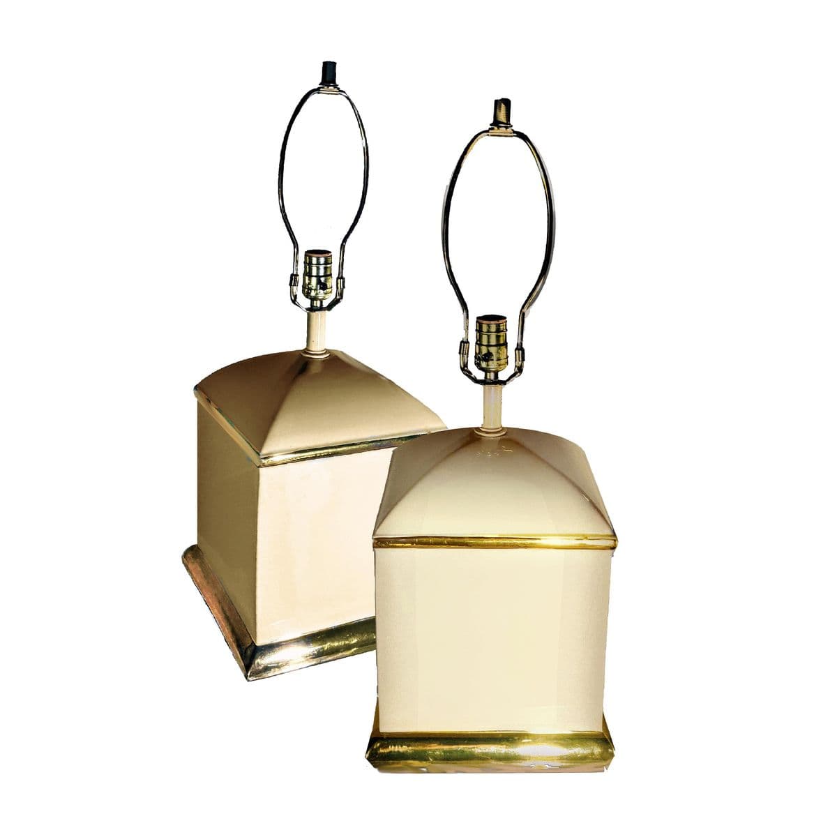 70s Chapman Hollywood Regency Style Cream & 14k Gold Square Shaped Lamps - a Pair - Thumbnail 7
