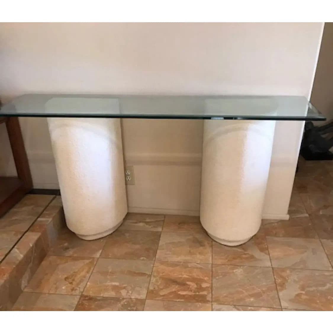 1980s Modernist Off-White Demi-Lune Plaster Double Pedestal Console Table With Glass Top - Thumbnail 4