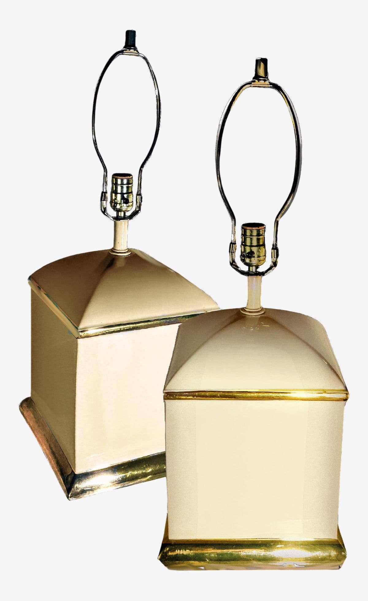 70s Chapman Hollywood Regency Style Cream & 14k Gold Square Shaped Lamps - a Pair - Image 1