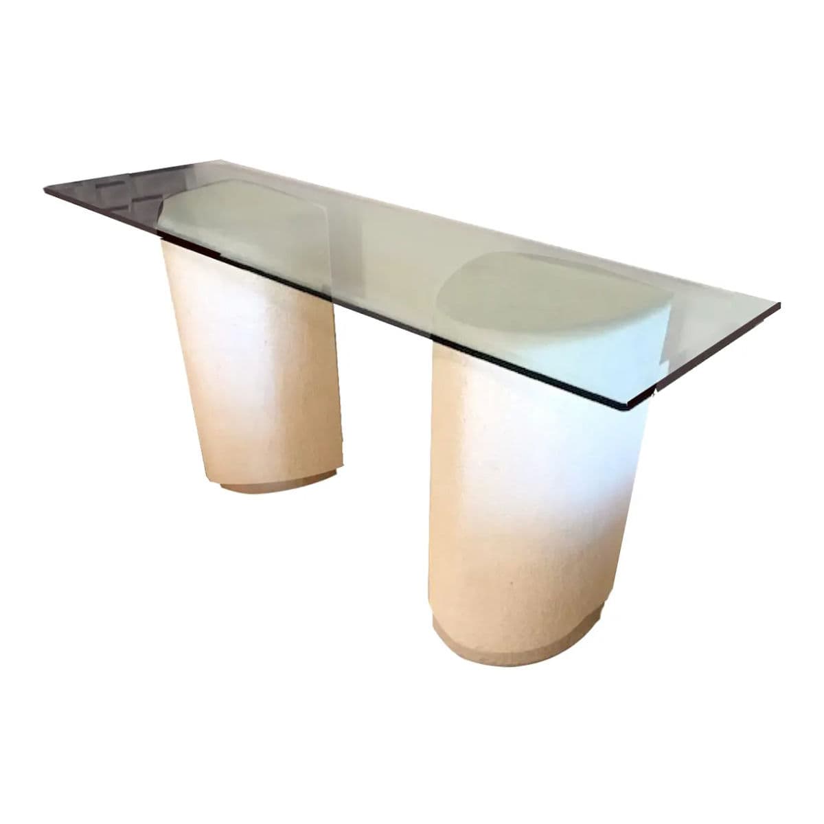 1980s Modernist Off-White Demi-Lune Plaster Double Pedestal Console Table With Glass Top - Thumbnail 13