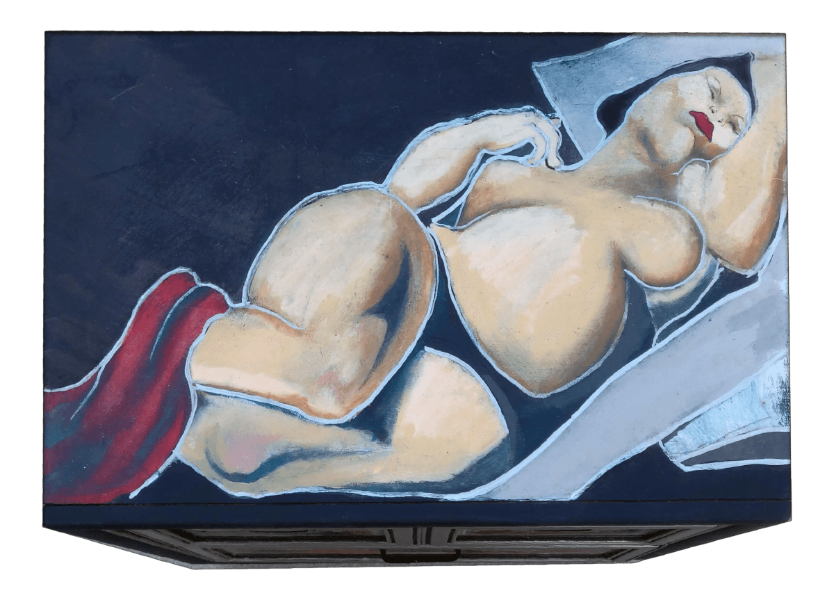 Patrick Briggs 'Tamara De Lempica" 2021 Acrylic Painted Campaign Style Wooden Nightstand - Thumbnail 2