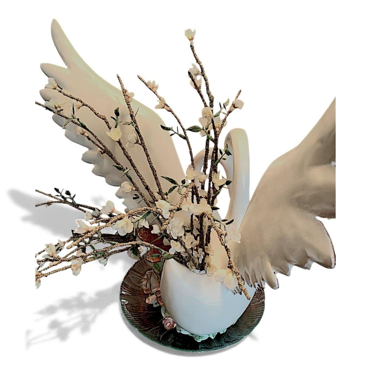 1980s Large Hand Painted Loving Swans Ceramic Statue Vase - Thumbnail 10