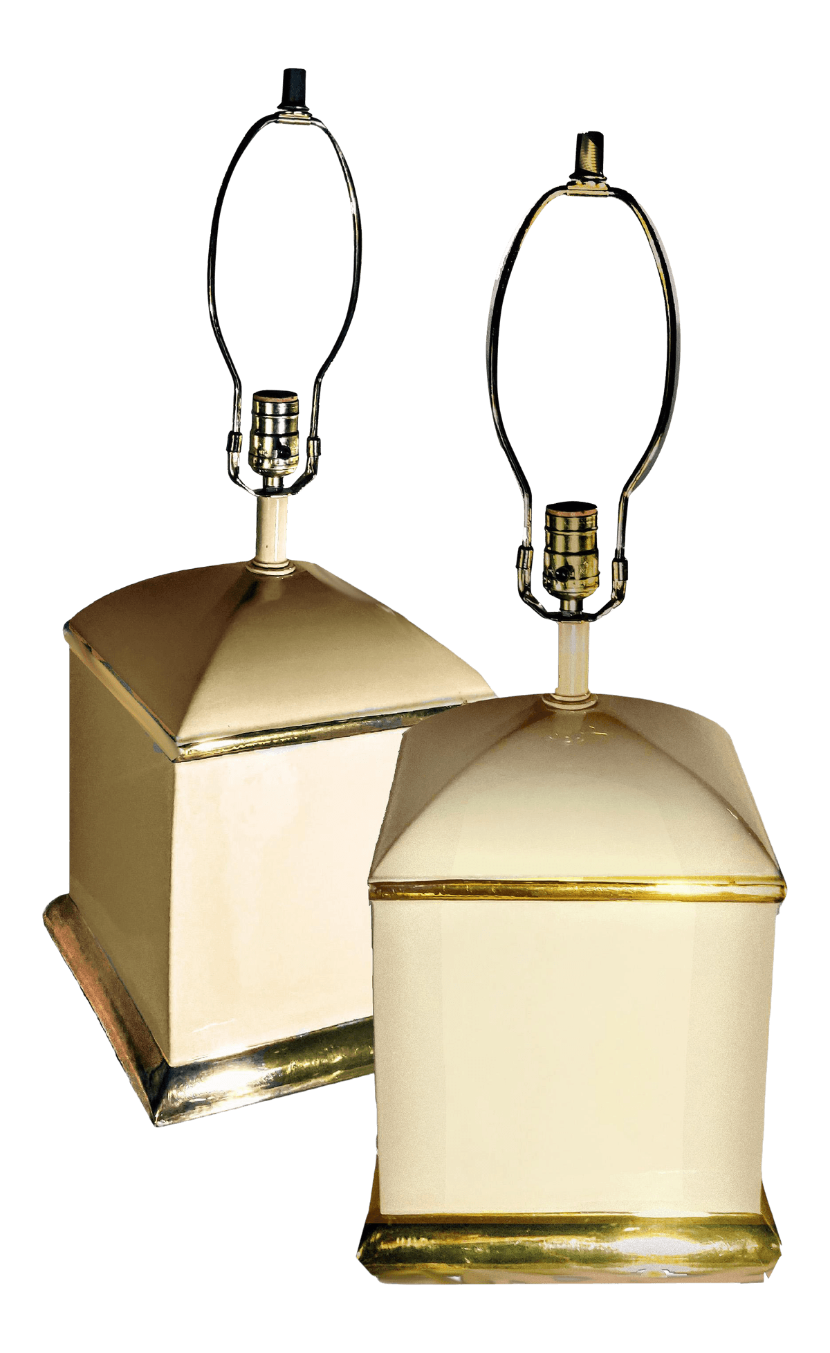 70s Chapman Hollywood Regency Style Cream & 14k Gold Square Shaped Lamps - a Pair - Thumbnail 2