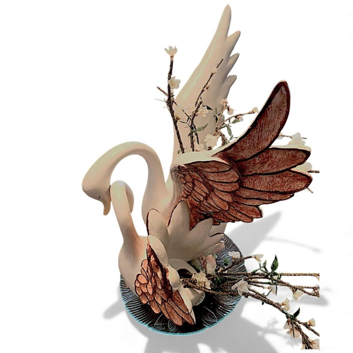 1980s Large Hand Painted Loving Swans Ceramic Statue Vase - Thumbnail 8