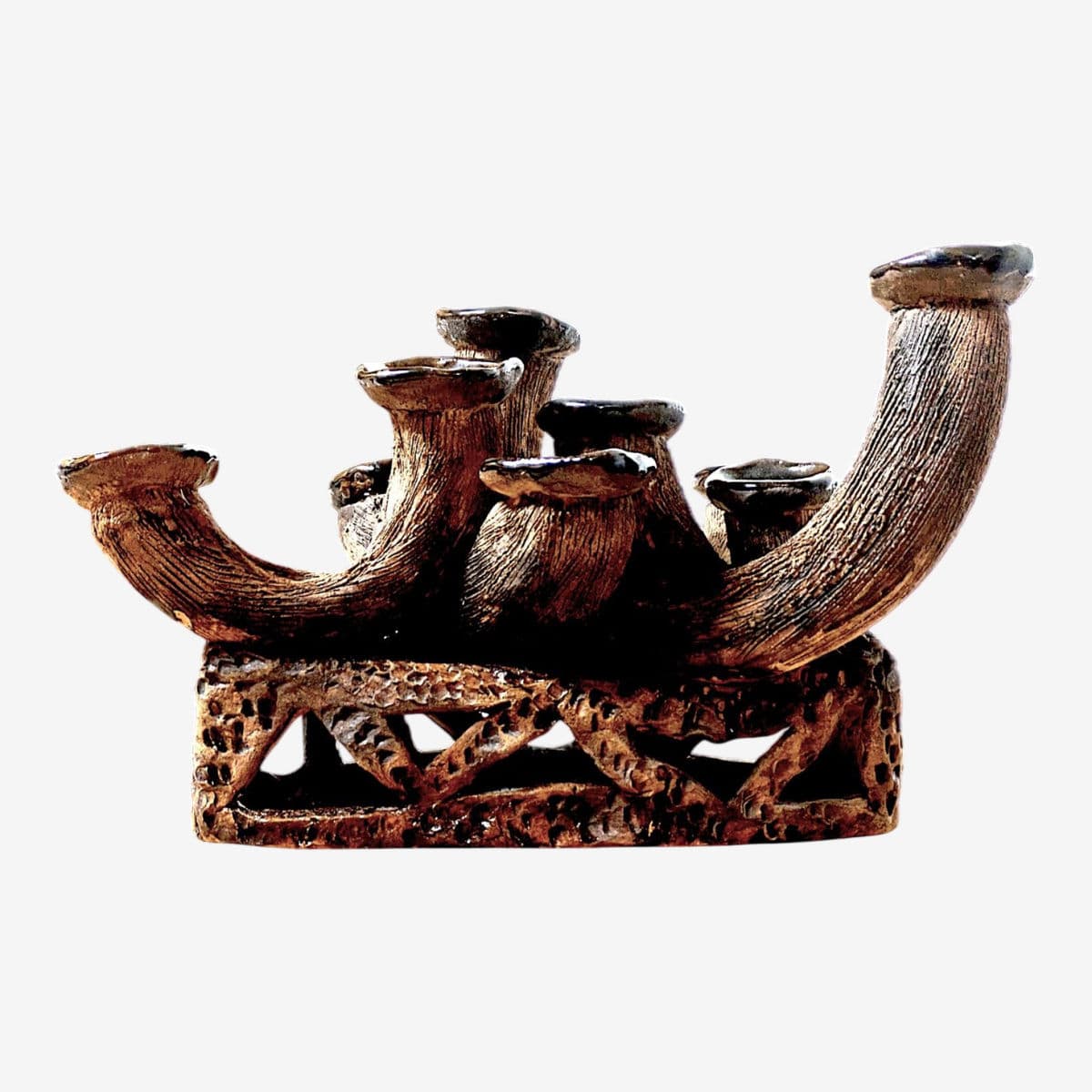 An Anamorphic 1970s Unsigned Brutalist Clay Sculpted Earth-Tone Menorah 9 Stick Candelabra - Image 1