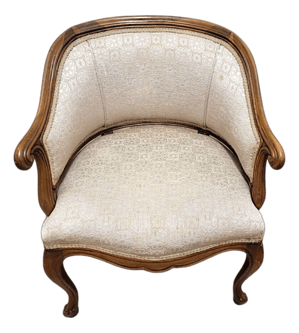 Mid Century Provincial Style Walnut Barrel Back Off-White Upholstered Armchair - Thumbnail 2
