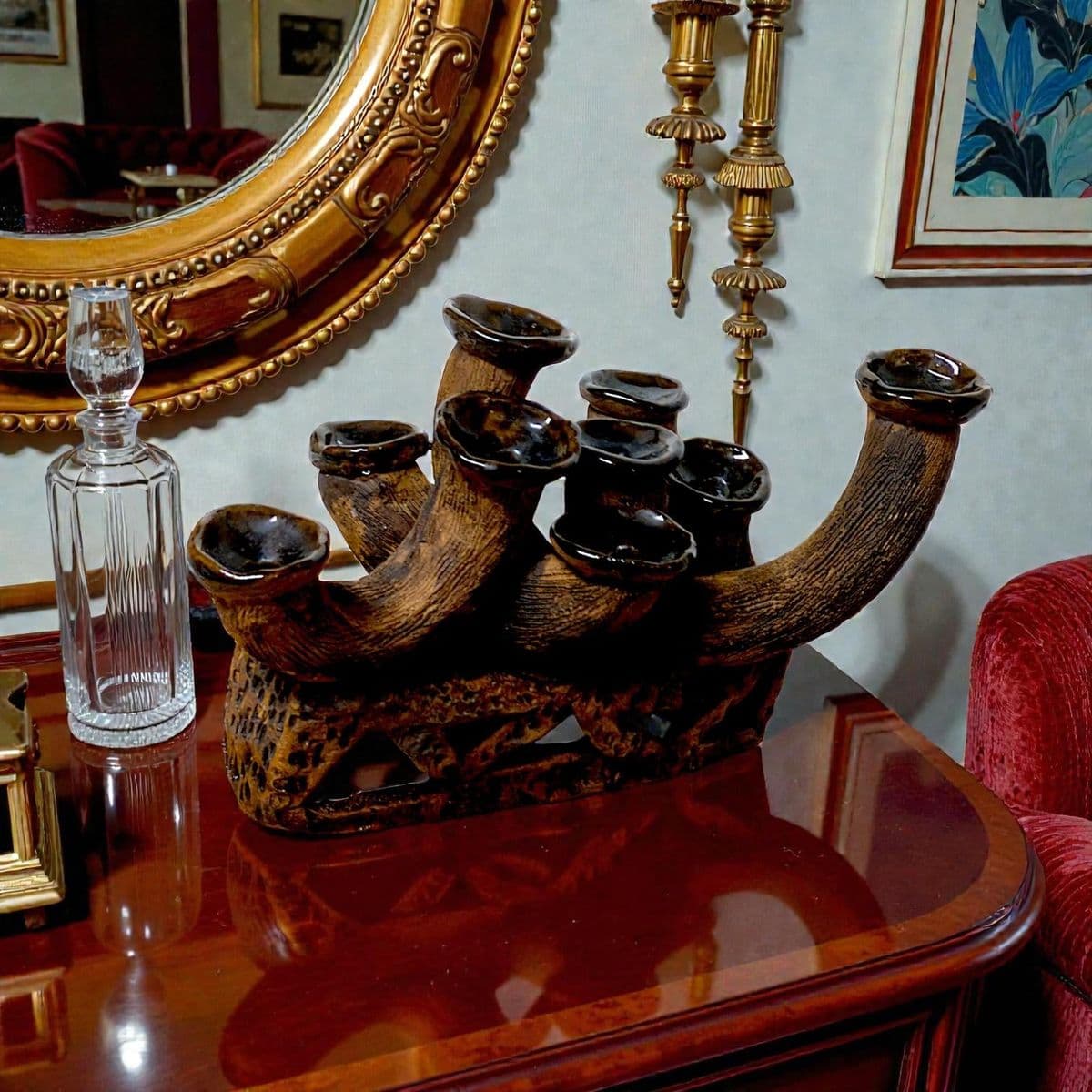 An Anamorphic 1970s Unsigned Brutalist Clay Sculpted Earth-Tone Menorah 9 Stick Candelabra - Thumbnail 7